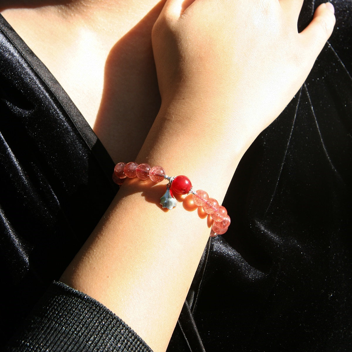 Sterling Silver Crystal Aroma Bracelet - Strawberry Quartz | Energy & Healing | Diffuser Jewelry