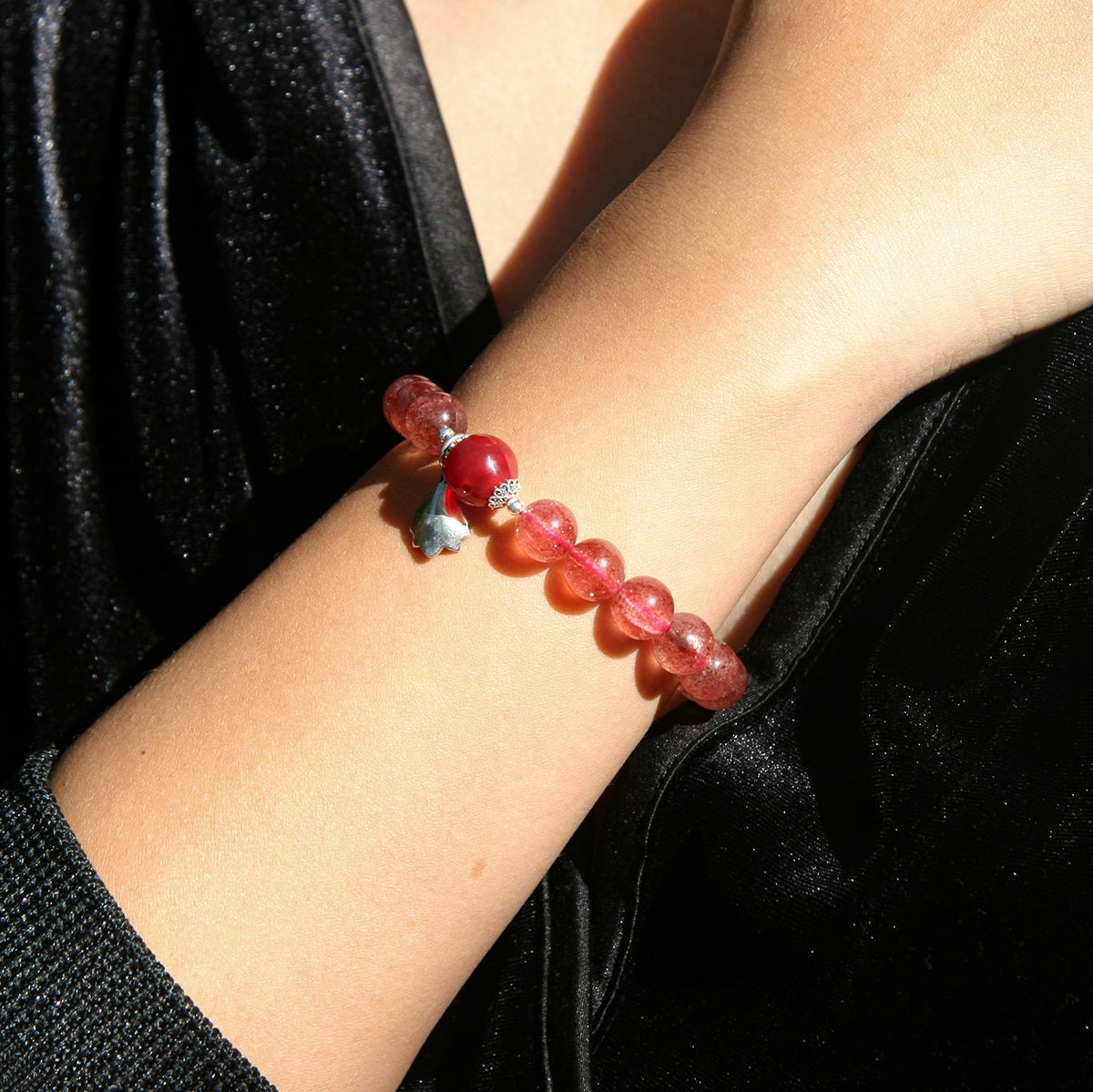 Sterling Silver Crystal Aroma Bracelet - Strawberry Quartz | Energy & Healing | Diffuser Jewelry